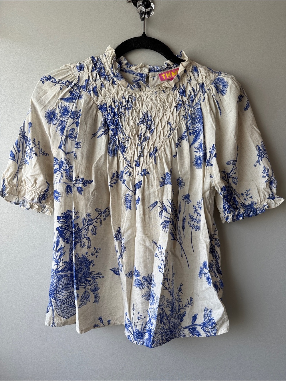 THML cream and Blue floral toile Top design with Blue Floral Smocking
